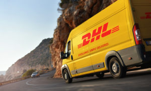 image of DHL delivery truck with free shipping material